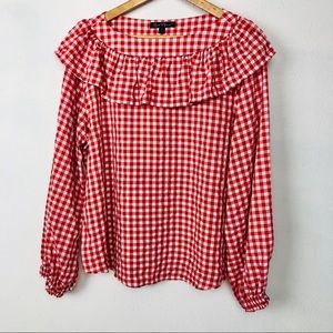 Velvet Heart Red Checkered Ruffle Neck Blouse